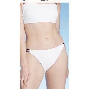 Xhilaration White Ribbed Bikini Set Red Blue Striped Straps  L side tap hipster